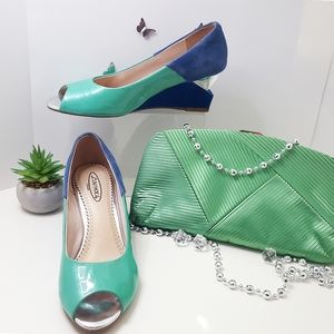 80's-90's Luvshoes💚Block Color💙Patent Suede Leather Open Toe Wedge Sandals
